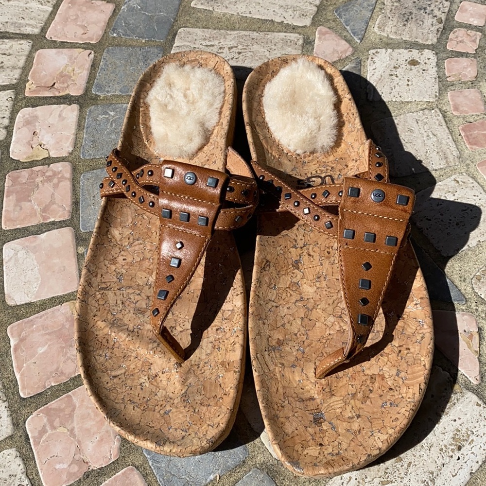 UGG Brown Cork Footbed Studded Shearling-Trim Sandals